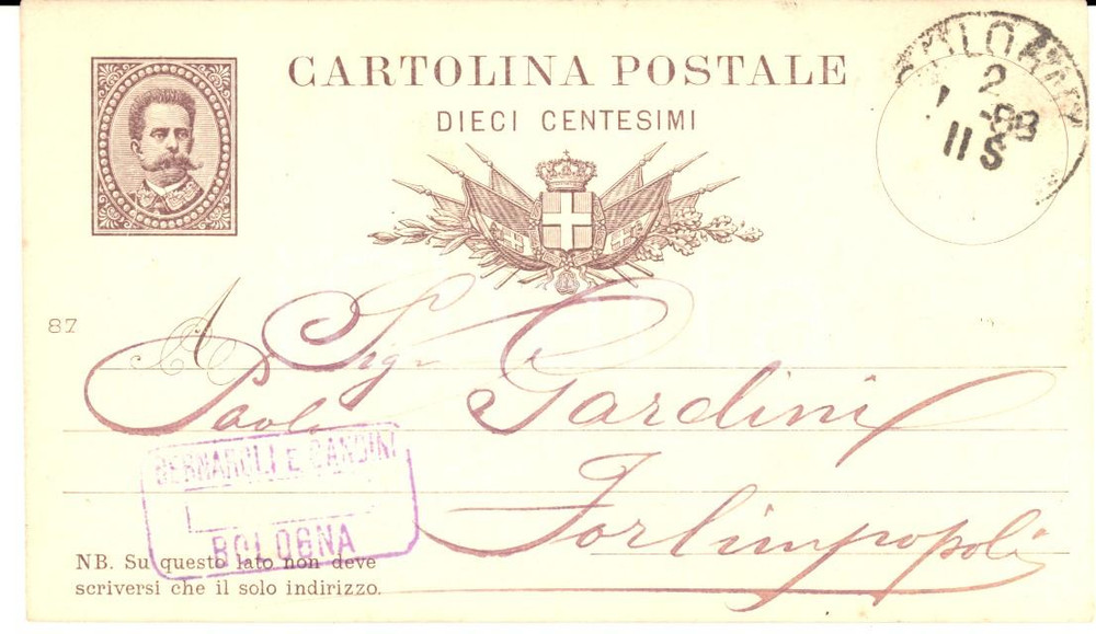 Documento originale, autentico 1888 BOLOGNA Ditta BERNAROLI E GANDINI  Cartolina commerciale FP 1