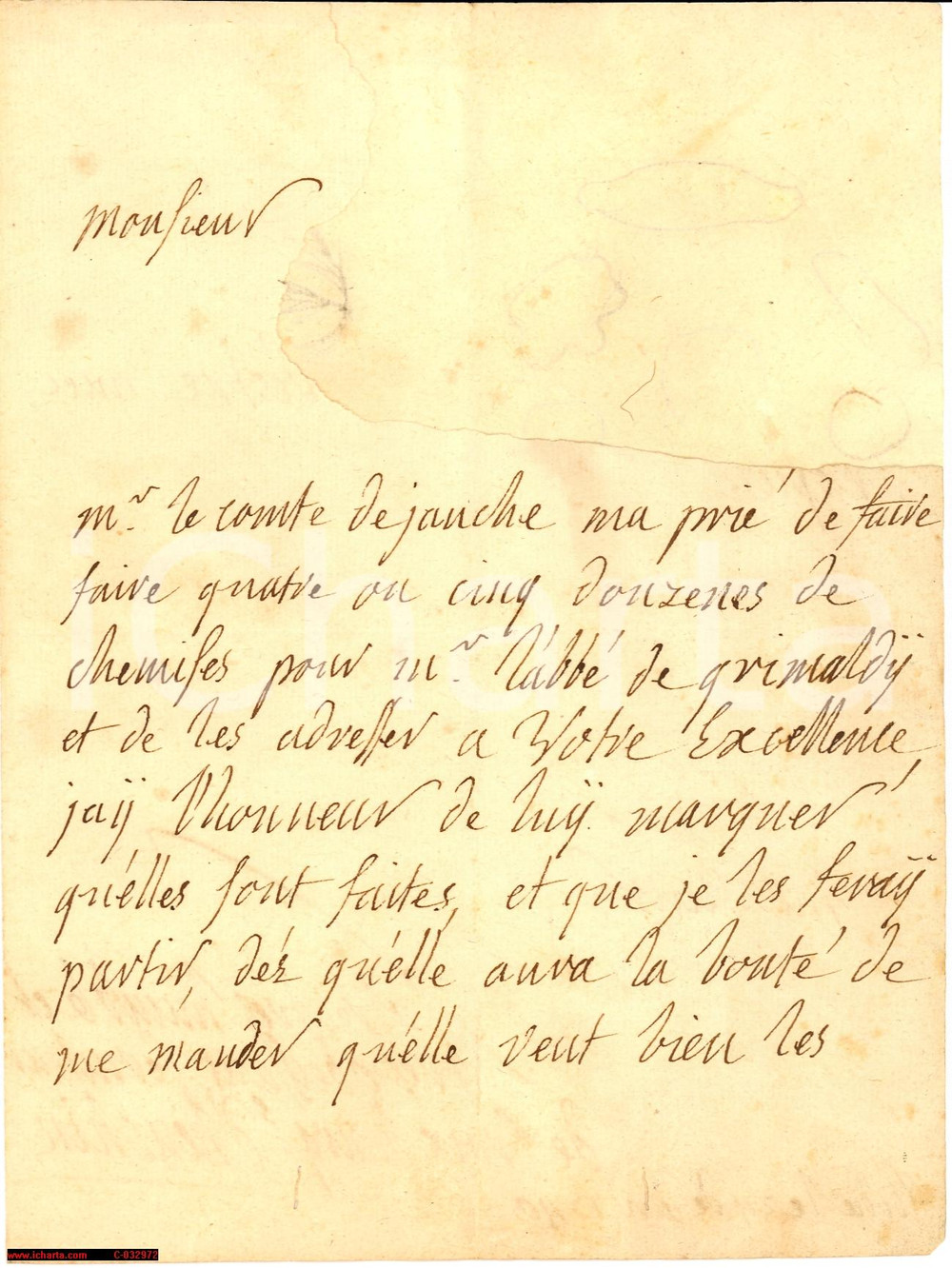 Documento originale, autentico 1740 LILLE (F) Marguerite de CROIX D'HEUCHIN prepara camicie per abate GRIMALDI 1