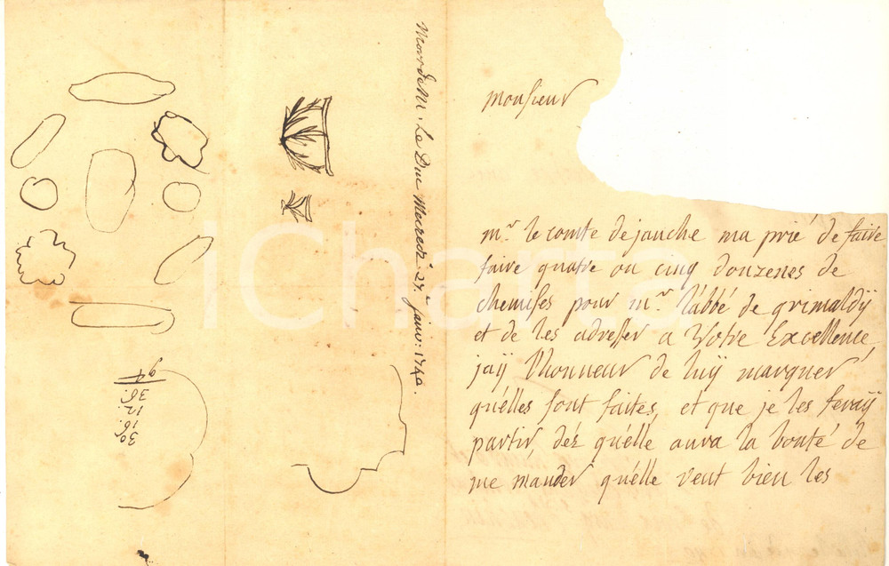Documento originale, autentico 1740 LILLE F Marguerite de CROIX D HEUCHIN prepara camicie per abate GRIMALDI 1