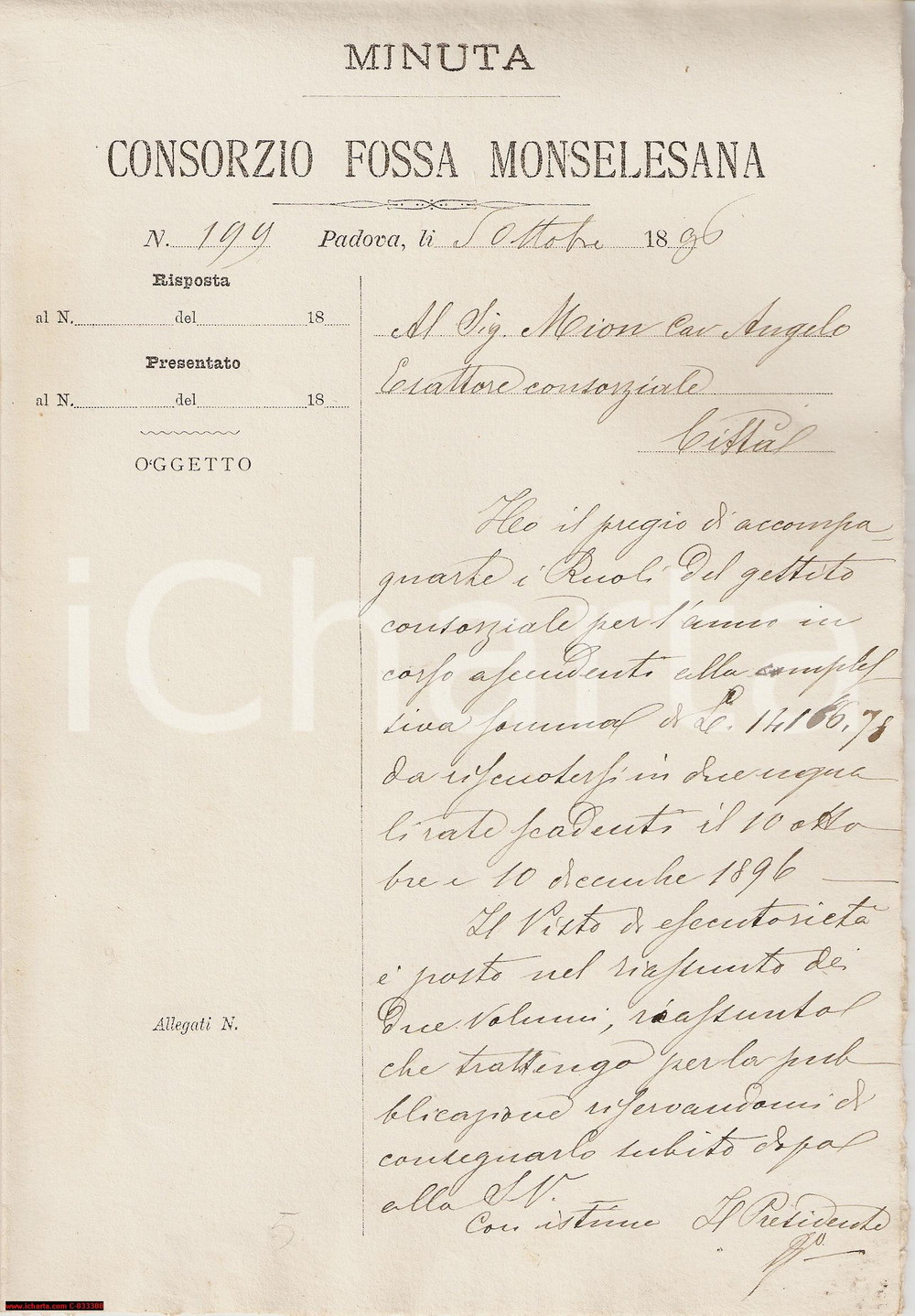 Documento originale, autentico 1896 PADOVA Ruoli del Consorzio Fossa MONSELESANA 1