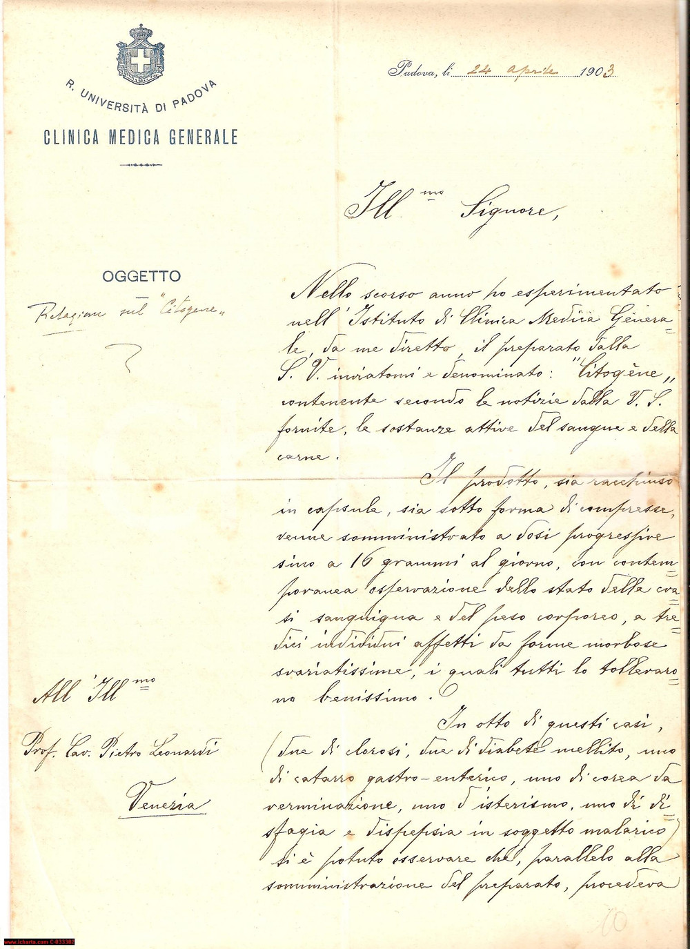 Documento originale, autentico 1903 PADOVA Preparato medico sperimentale CITOGENE Lettera 1