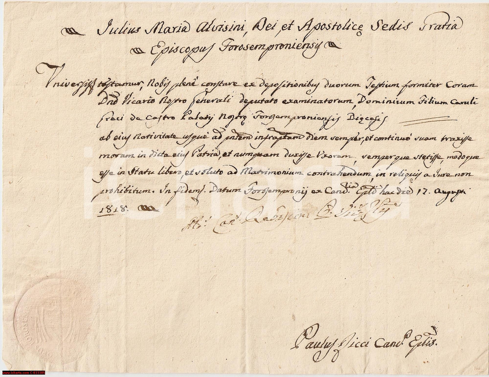 Documento originale, autentico 1818 FOSSOMBRONE PS Stato libero di Domenico GRACI Manoscritto 1