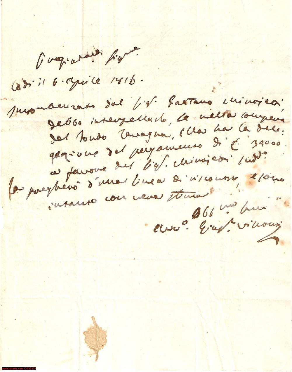 Documento originale, autentico 1816 LODI Giuseppe VISCONTI su vendita fondo LAVAGNA Lettera 1