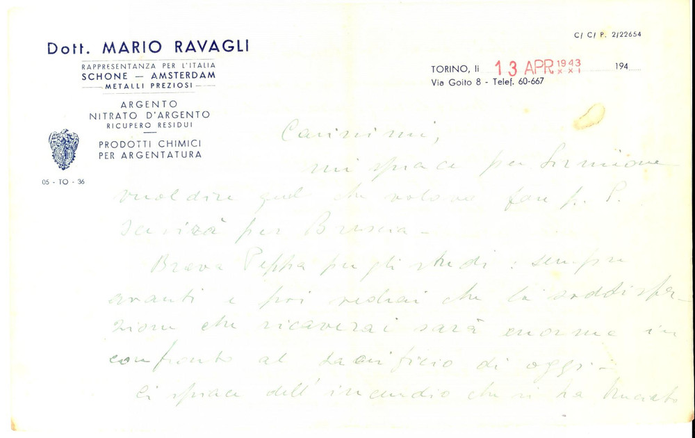 Manoscritto, lettera originale 1943 TORINO Non lavorate la terra, è troppo faticoso Lettera Mario RAVAGLI 1