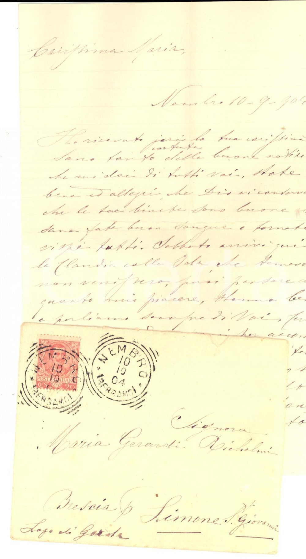Manoscritto, lettera originale 1904 NEMBRO BG Nunzia RICHELMI alla figlia Maria GERARDI  Polenta e uccellini 1