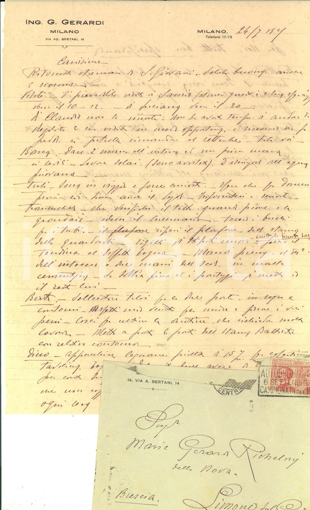 Manoscritto, lettera originale 1925 MILANO Ing. Gian Bonaventura GERARDI su ristrutturazione casa Autografo 1