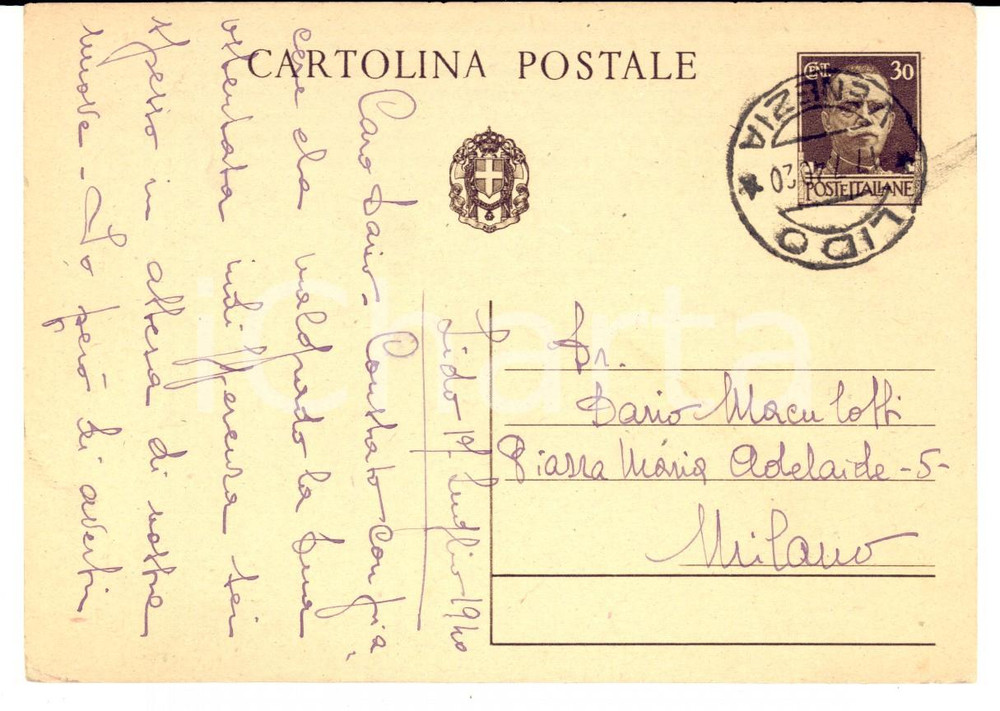 Autografo originale 1940 VENEZIA LIDO Nobile Costanza VIVIANI invita il marito Dario MACULOTTI FG VG 1