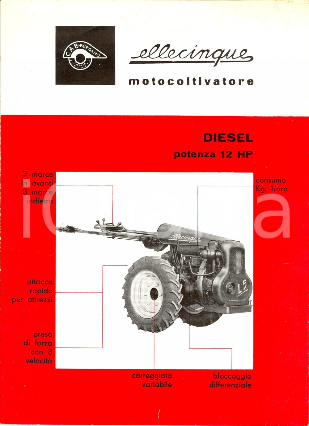 Materiale pubblicitario d’epoca 1955 ca BERGAMO CAB Motocoltivatore Ellecinque diesele 12 HP *PubblicitÃ  1