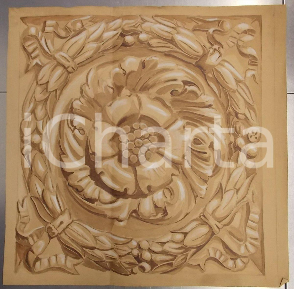 Stampa, bozzetto originale 1933 FRANCIA Bozzetto di elemento decorativo per soffitti DISEGNO A MANO 50x50 1