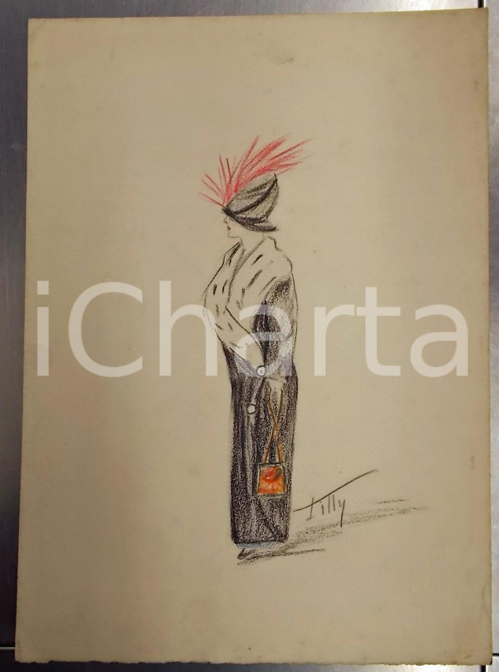 Stampa, bozzetto originale 1900ca MODA  Donna con cappello di piume Bozzetto A MANO Illustratore TILLY 1