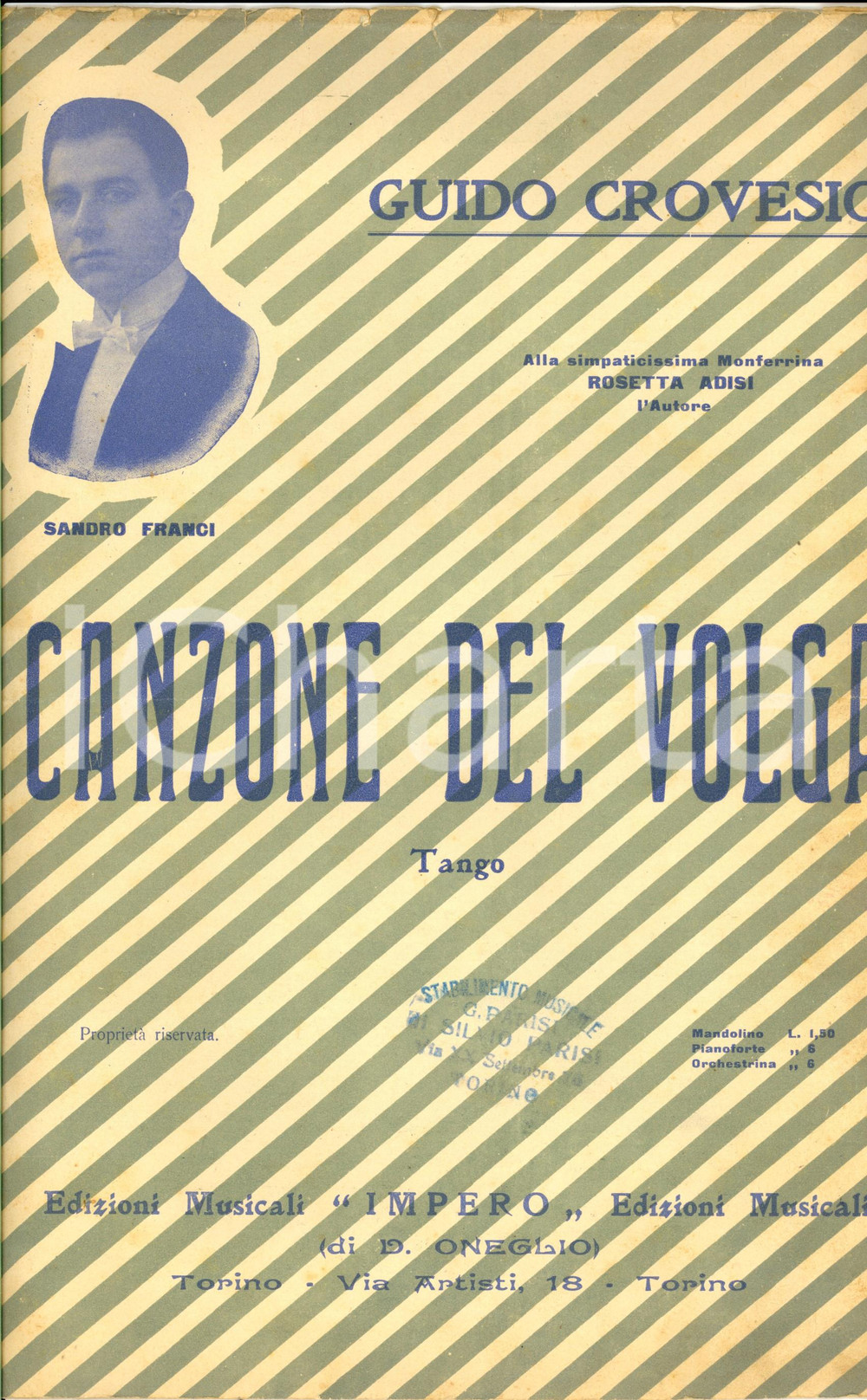 Oggetto da collezione cartaceo 1929 TORINO Guido CROVESIO Canzone del Volga - Tango *Ed. IMPERO Spartito 1