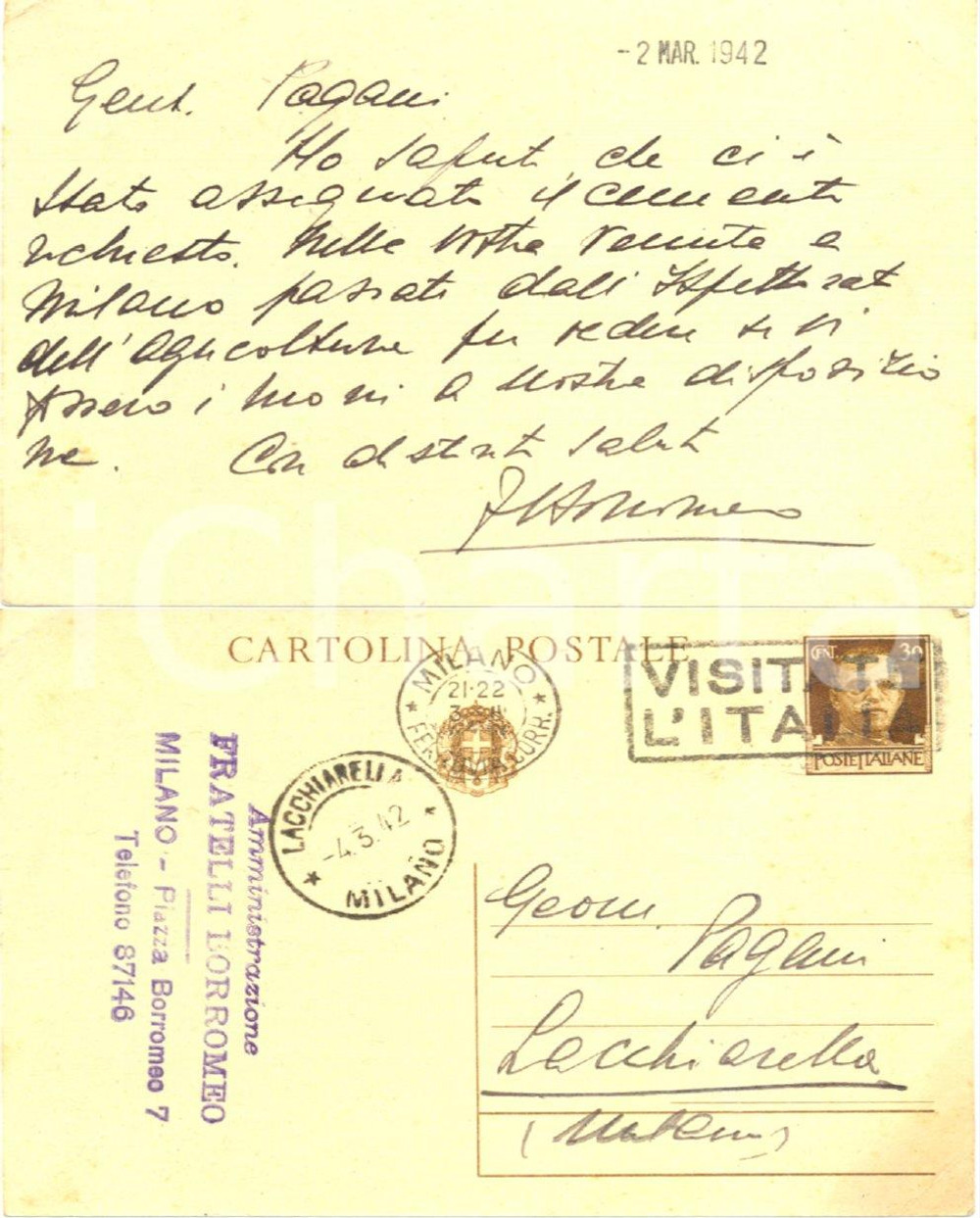 Autografo originale 1942 MILANO Istruzioni di Federico BORROMEO ARESE al geometra PAGANI *Autografo 1