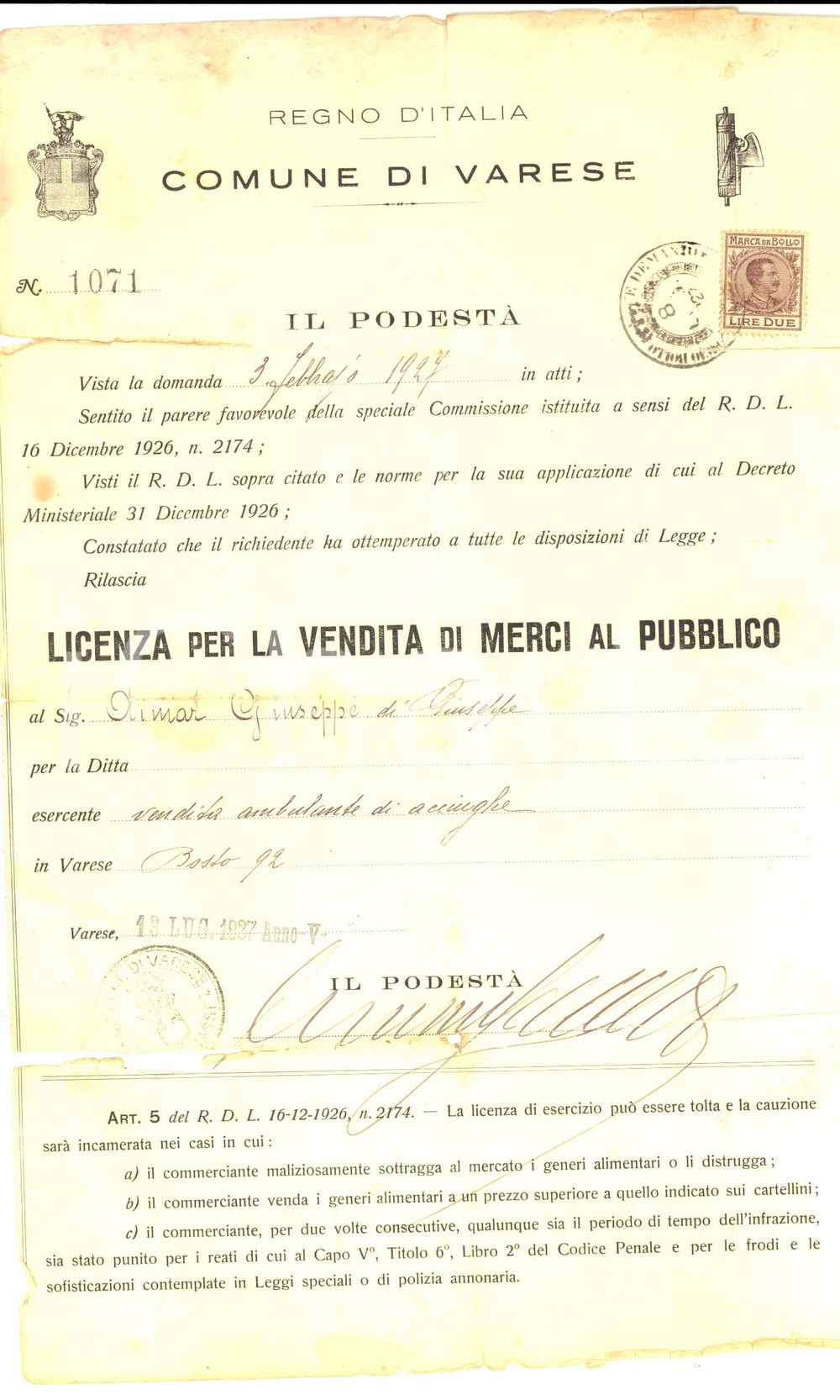 Documento originale, autentico 1927 VARESE Licenza a Giuseppe AIMAR per vendita ambulante di acciughe 1