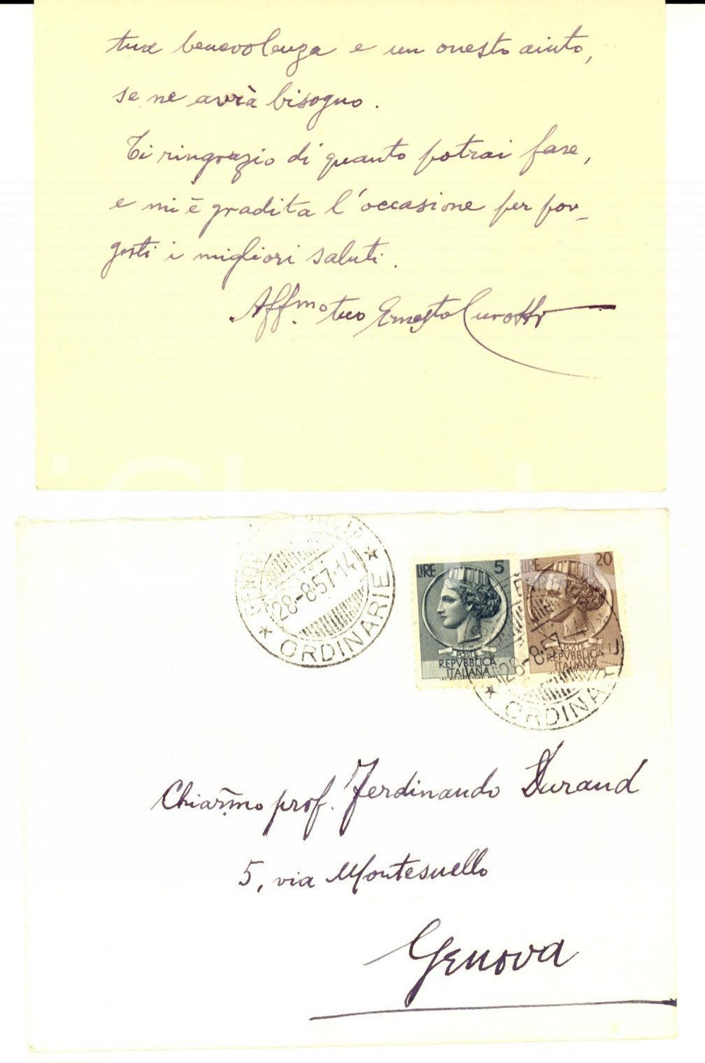 Autografo originale 1957 GENOVA Ernesto CUROTTO raccomanda la figlia di un amico Autografo 1