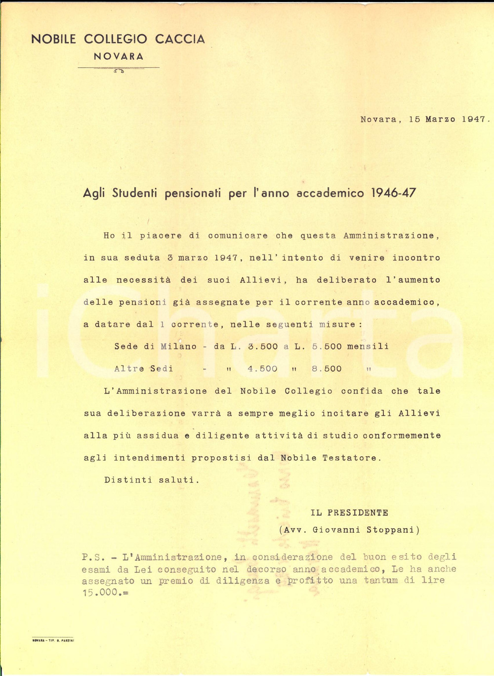 Manoscritto, lettera originale 1947 NOVARA Nobile Collegio CACCIA Aumento pensione dell'alunno Luigi TOMASELLI 1