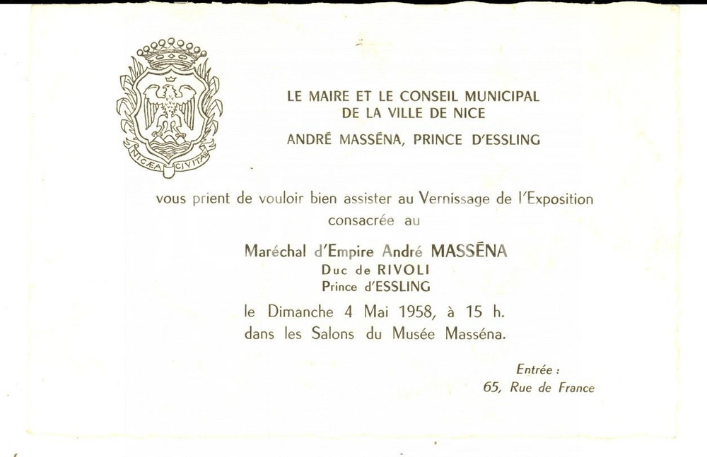 Documento originale, autentico 1958 NICE (FRANCE) Invito a mostra dedicata al maresciallo AndrÃ© MASSENA 1