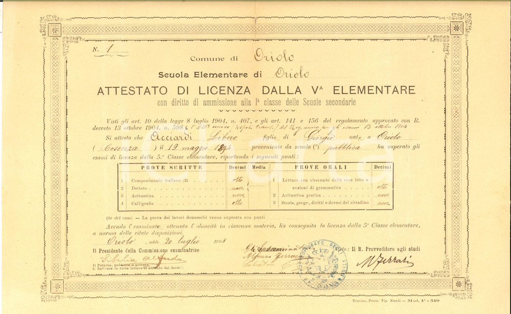 Oggetto da collezione cartaceo 1905 ORIOLO (CS) Diploma di licenza elementare per Libero ACCIARDI 1
