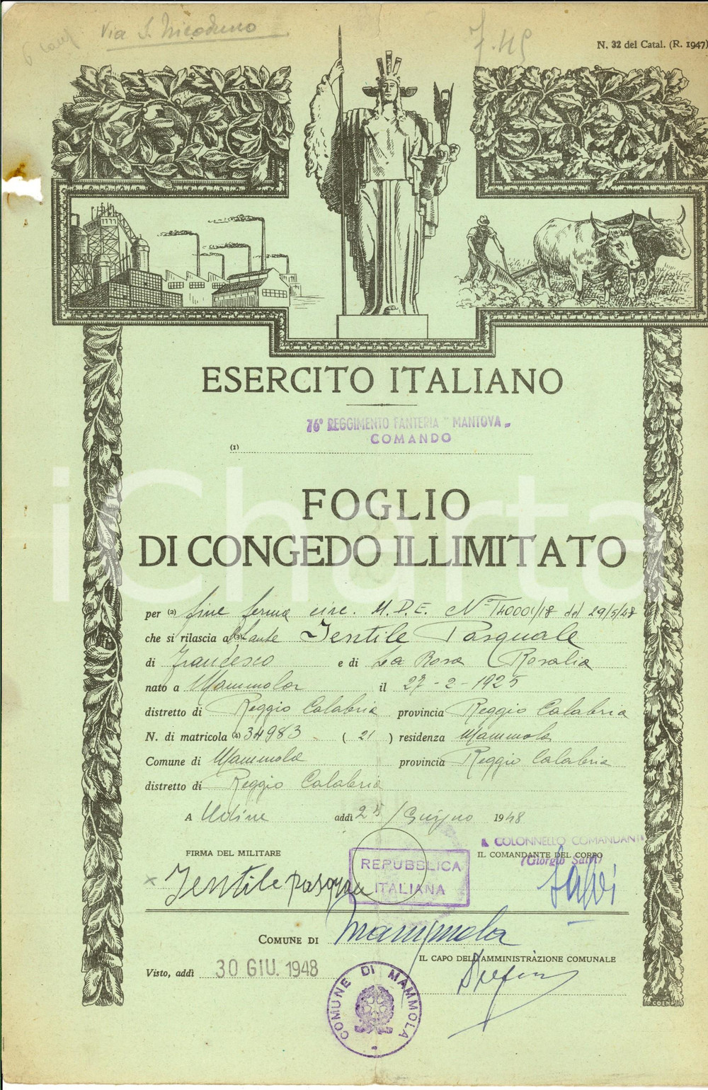 Documento originale, autentico 1948 UDINE Congedo illimitato Pasquale JENTILE 78Â° Reggimento Fanteria MANTOVA 1