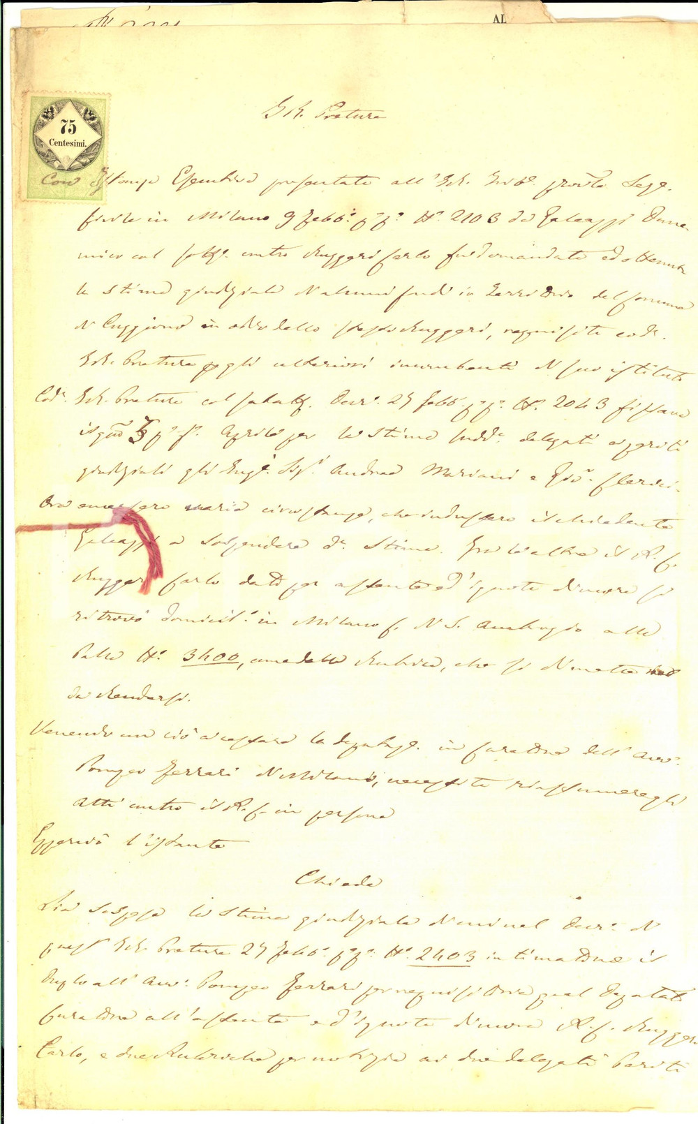Documento originale, autentico 1857 CUGGIONO (MI) Sospensione della stima giudiziale ai danni di Carlo RUGGERO 1
