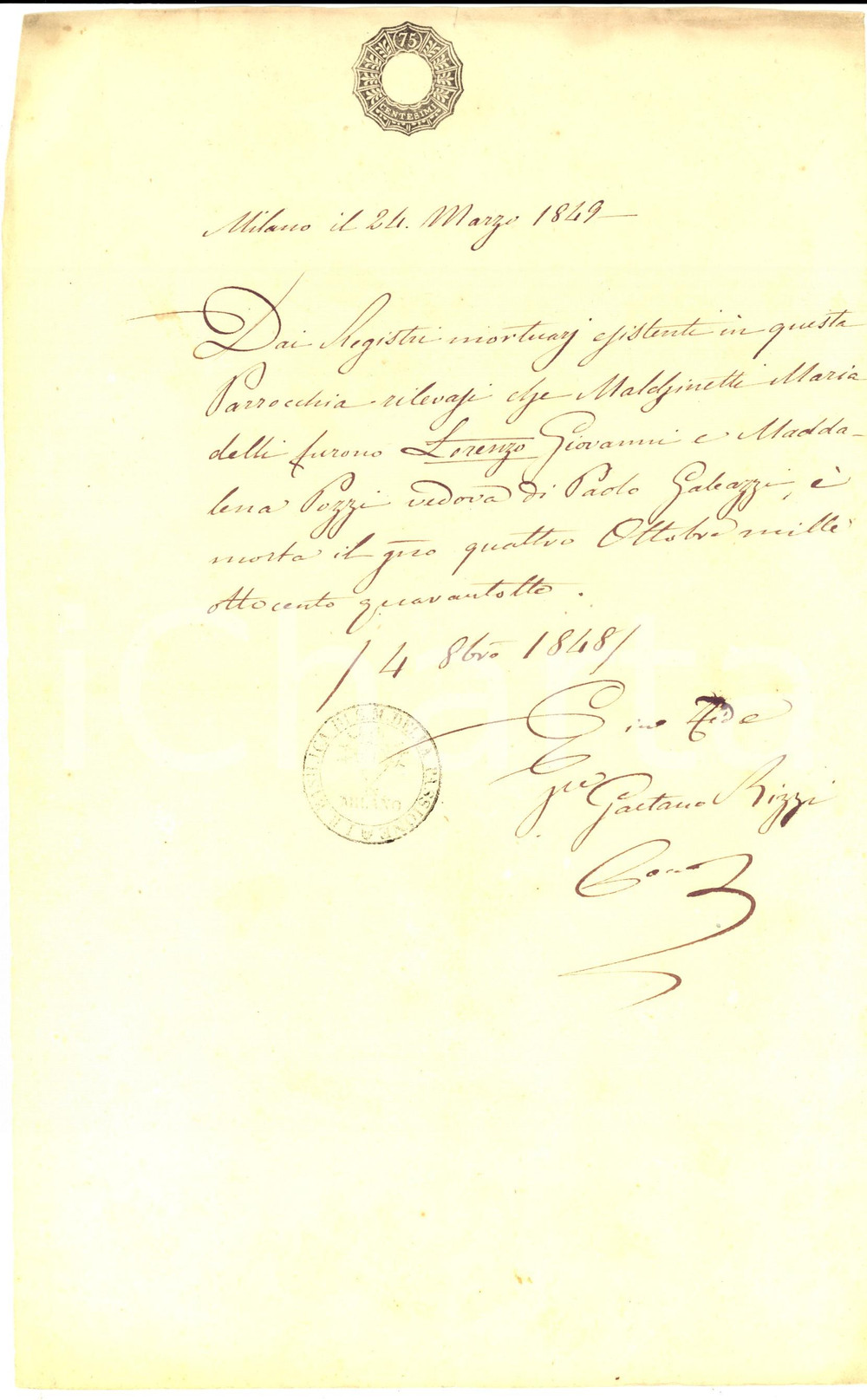 Documento originale, autentico 1849 MILANO SANTA MARIA DELLA PASSIONE Certificato di morte di Maria MALCHINETTI 1