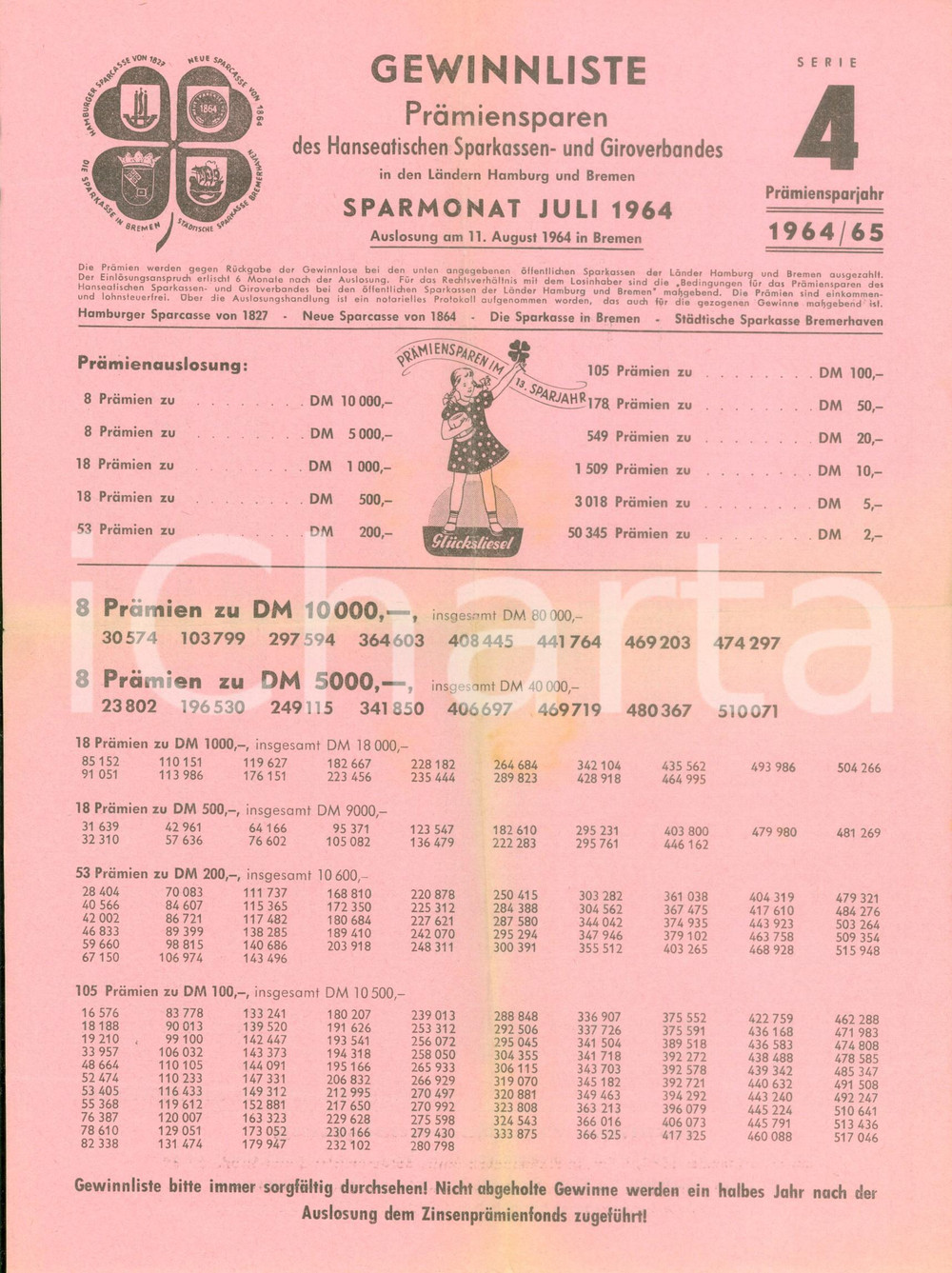 Documento originale, autentico 1964 HAMBURG (DE) PrÃ¤miensparen des Hanseatischen Sparkassen- und Giroverbandes 1