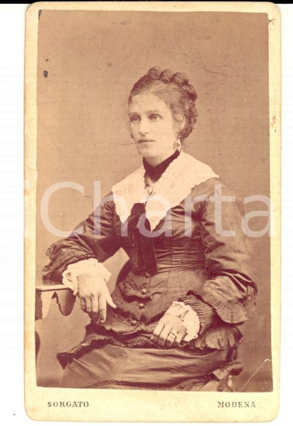 Fotografia d'epoca originale 1870 ca MODENA Ritratto di nobildonna con colletto in pizzo *Foto SORGATO 1