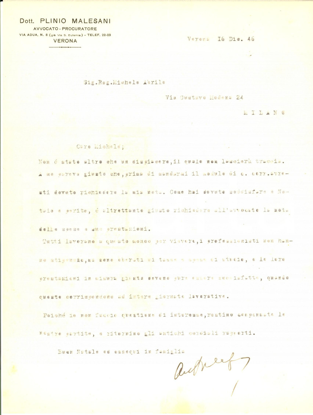 Manoscritto, lettera originale 1946 VERONA I professionisti non hanno stipendio *Lettera avv. Plinio MALESANI 1