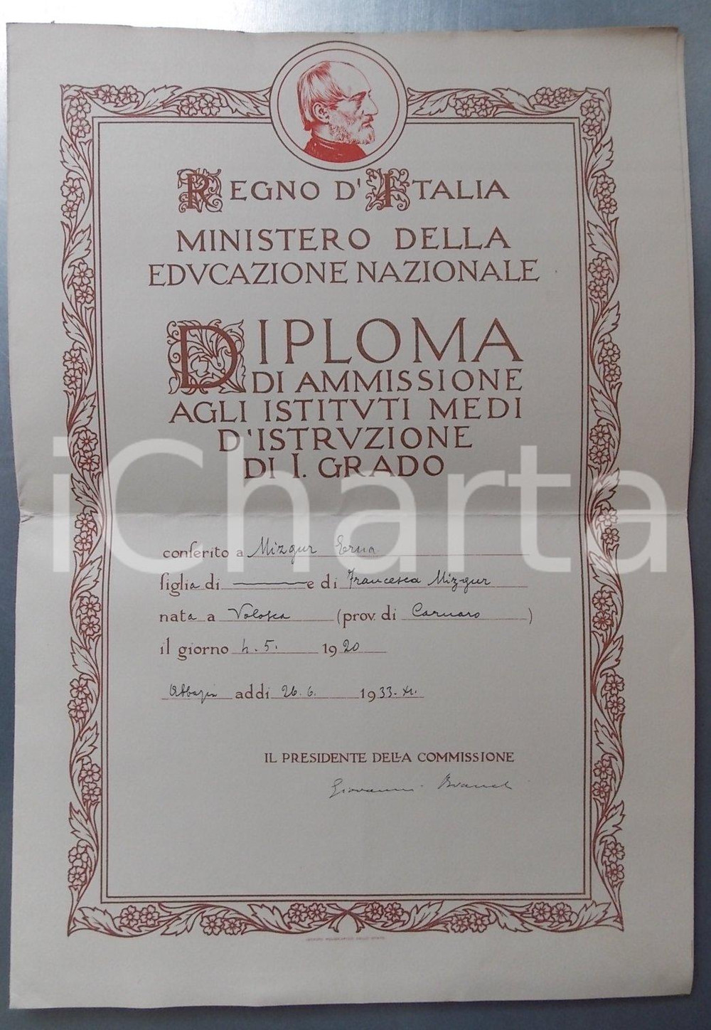 Oggetto da collezione cartaceo 1933 ABBAZIA (CROAZIA) Diploma di ammissione istituti medi *Erna MIZGUR 1