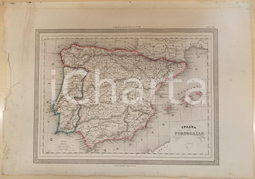 Stampa, bozzetto originale 1864 Atlante Geografico Universale - Spagna e Portogallo *Ed. GUIGONI Tav. XX 1