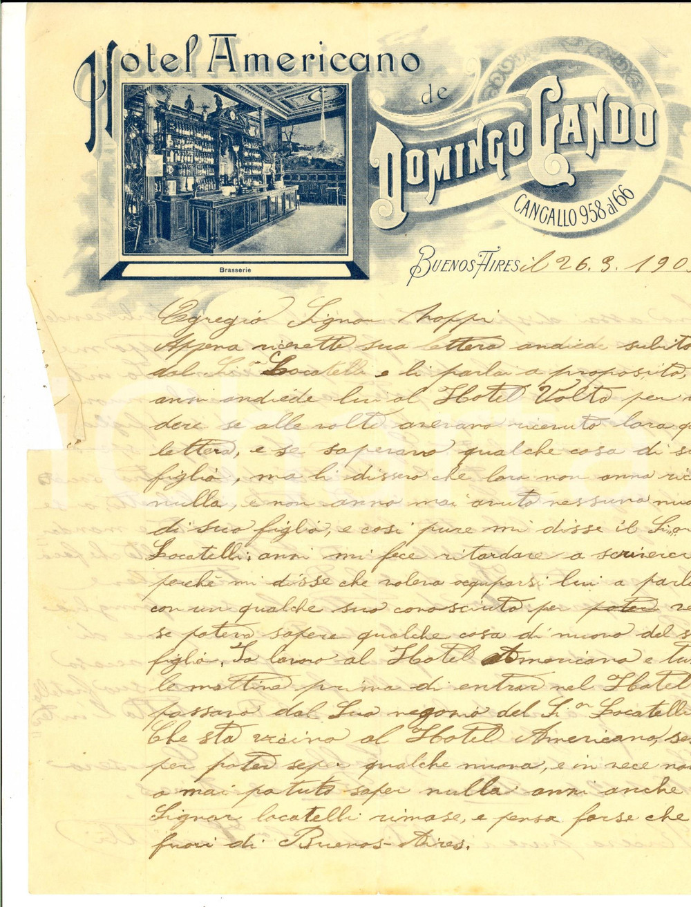 Documento originale, autentico 1905 BUENOS AIRES Un emigrato italiano all Hotel AMERICANO di Domingo GANDO 1
