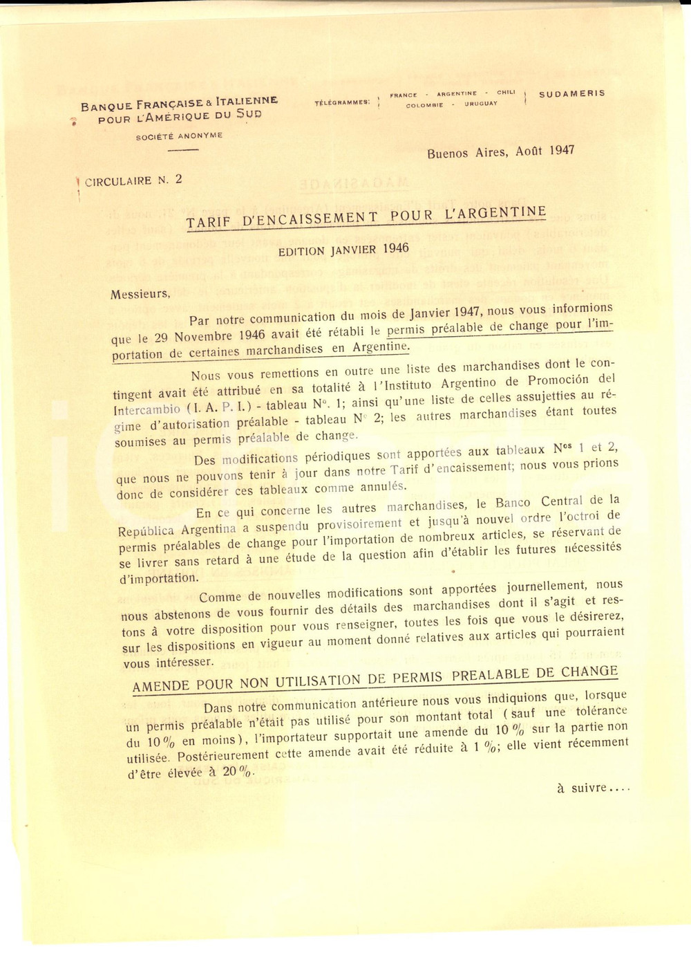 Documento originale, autentico 1947 BANQUE FRANCAISE ET ITALIENNE POUR L AMERIQUE DU SUD Tarif pour l ARGENTINE 1