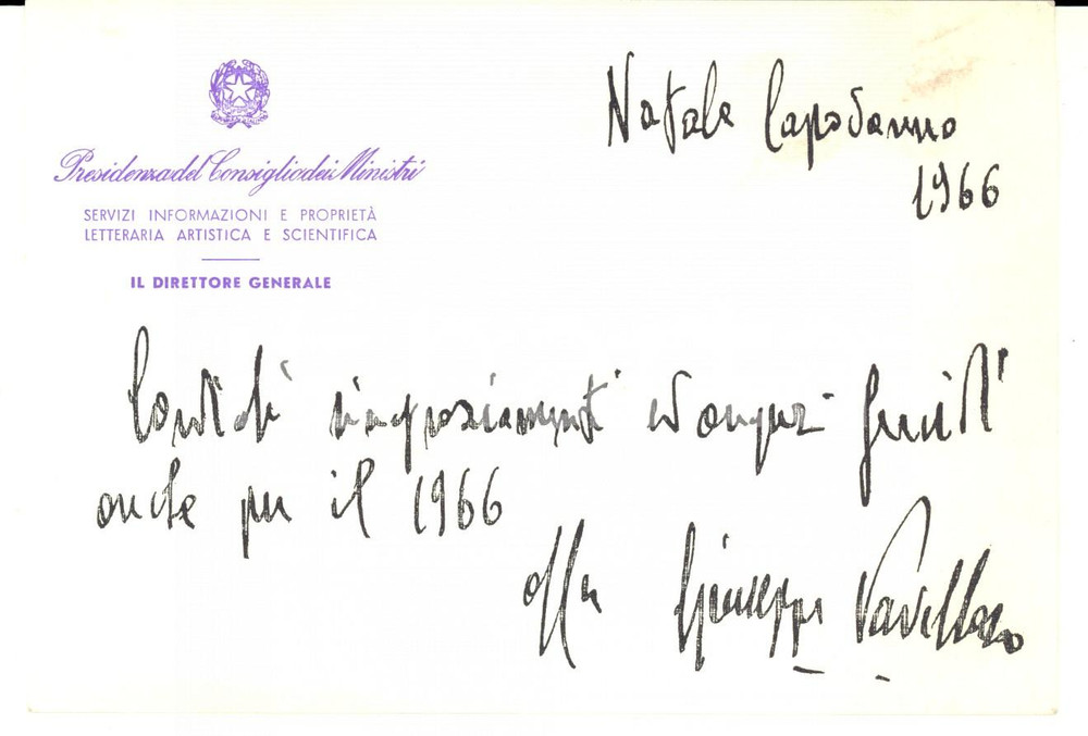 Autografo originale 1966 ROMA Auguri Giuseppe PADELLATO Direttore Generale per le Informazioni 1