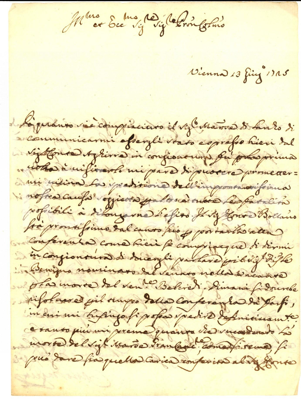 Manoscritto, lettera originale 1725 VIENNA Carlo DRAGHETTI sulla ratifica della Pace di Vienna *Lettera 1