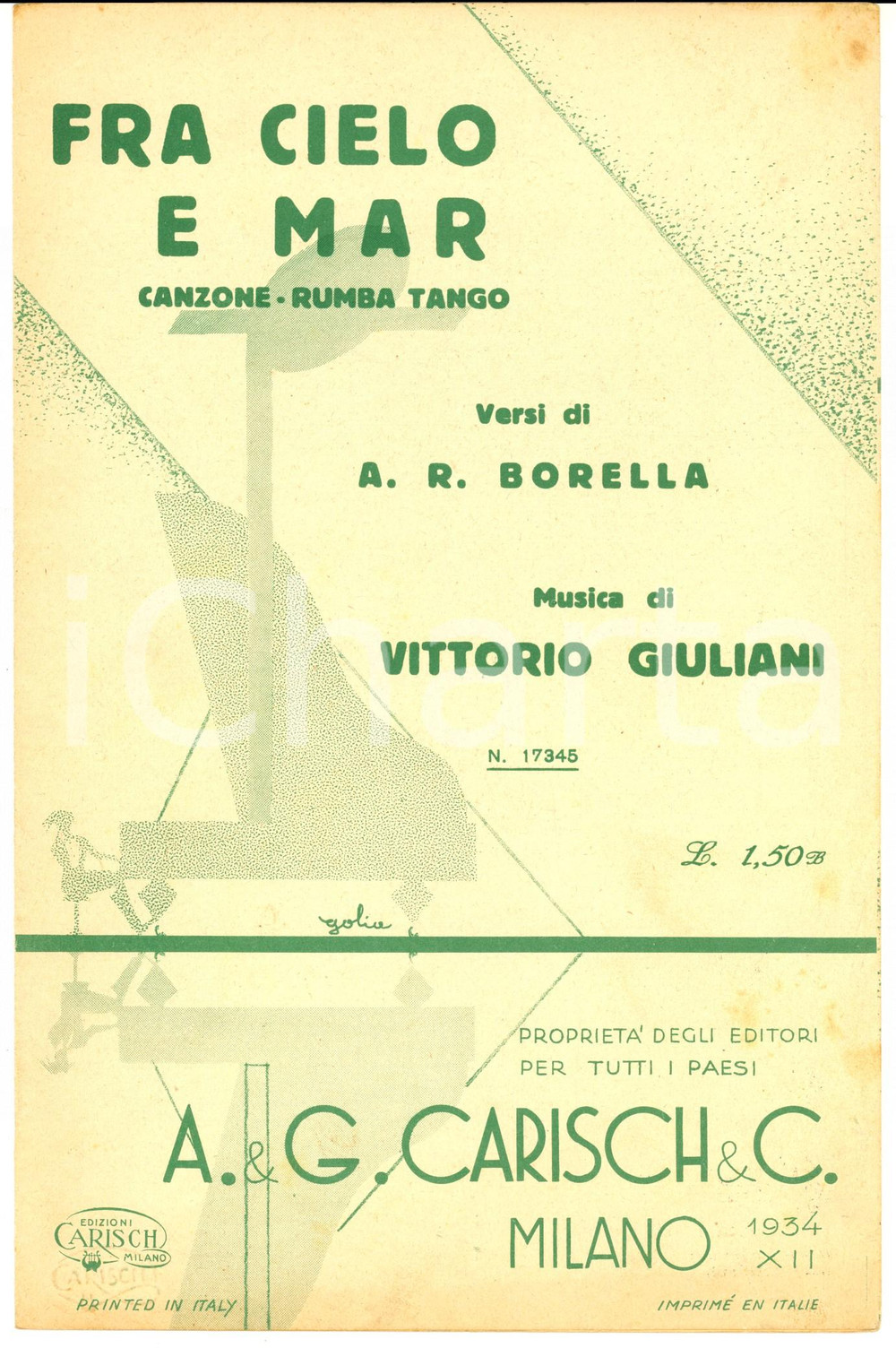 Oggetto da collezione cartaceo 1934 A. R. BORELLA Vittorio GIULIANI Fra cielo e mar *Spartito d'epoca CARISCH 1