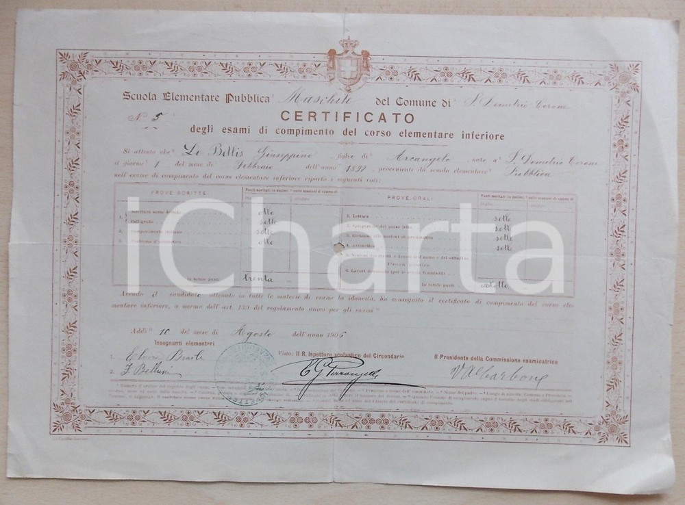 Oggetto da collezione cartaceo 1906 SAN DEMETRIO CORONE (CS) Diploma di licenza elementare Giuseppino DE BELLIS 1