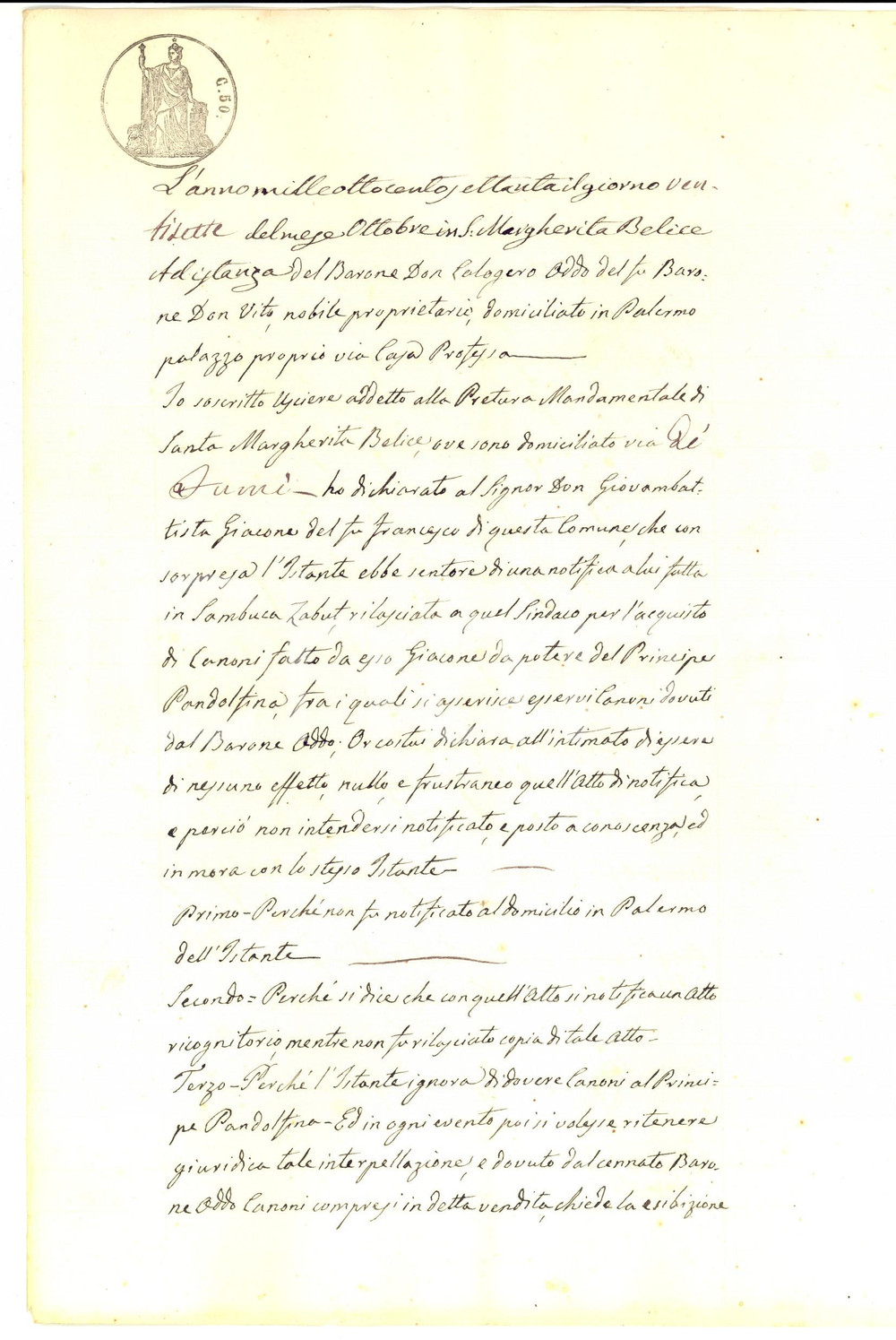 Documento originale, autentico 1870 SANTA MARGHERITA BELICE (AG) Barone Calogero ODDO vs principe PANDOLFINA 1
