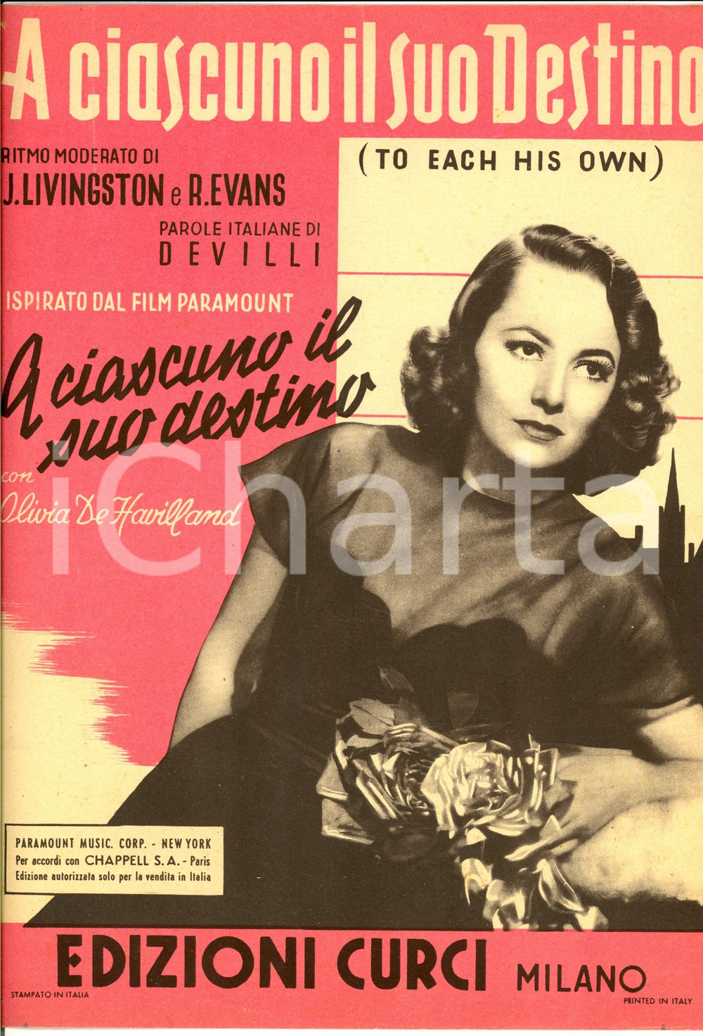 Oggetto da collezione cartaceo 1946 J. LIVINGSTON - R. EVANS A ciascuno il suo destino' *Spartito CURCI 1