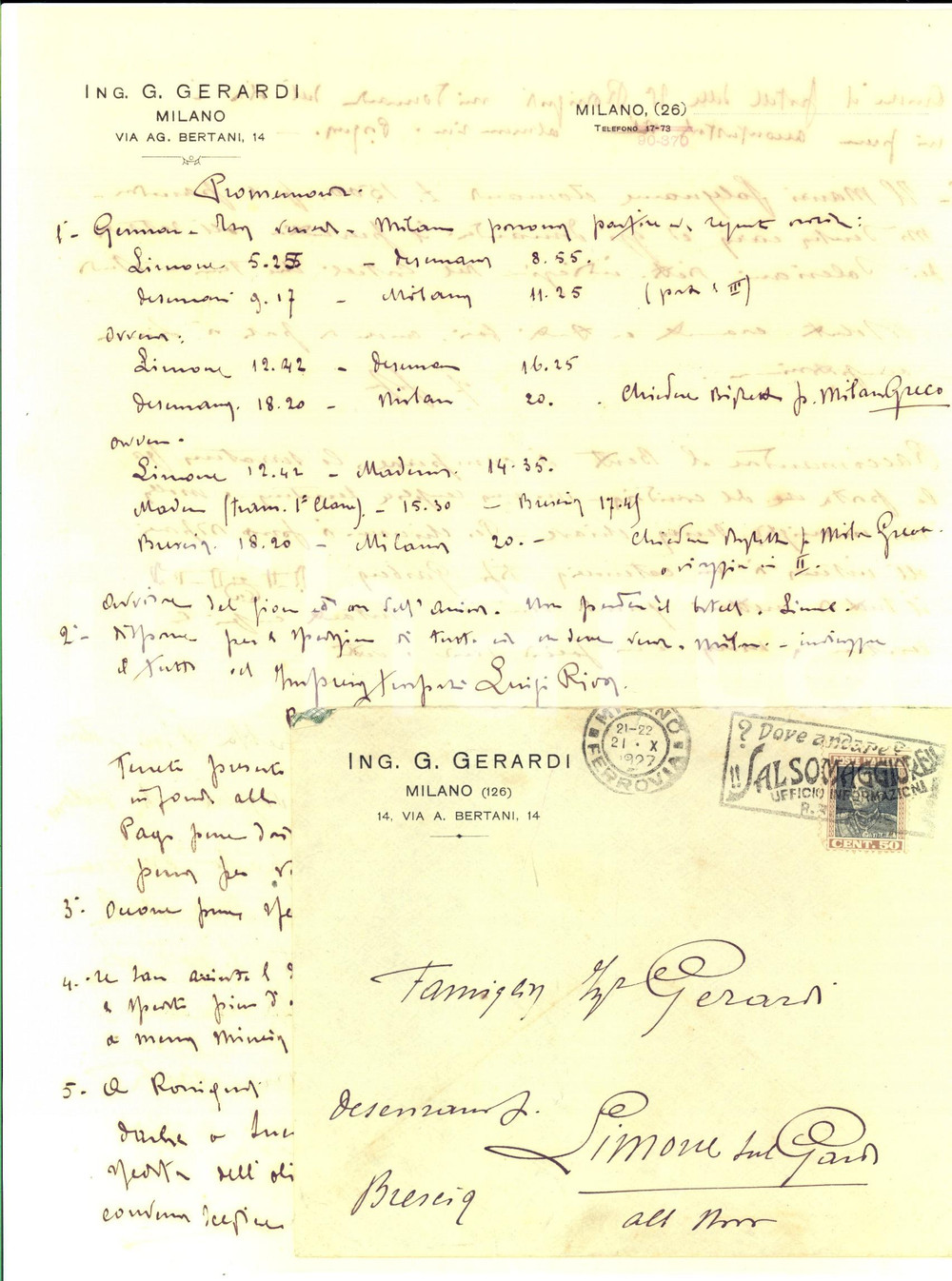 Manoscritto, lettera originale 1927 MILANO Ing. Gian Bonaventura GERARDI - Promemoria di lavoro *Autografo 1