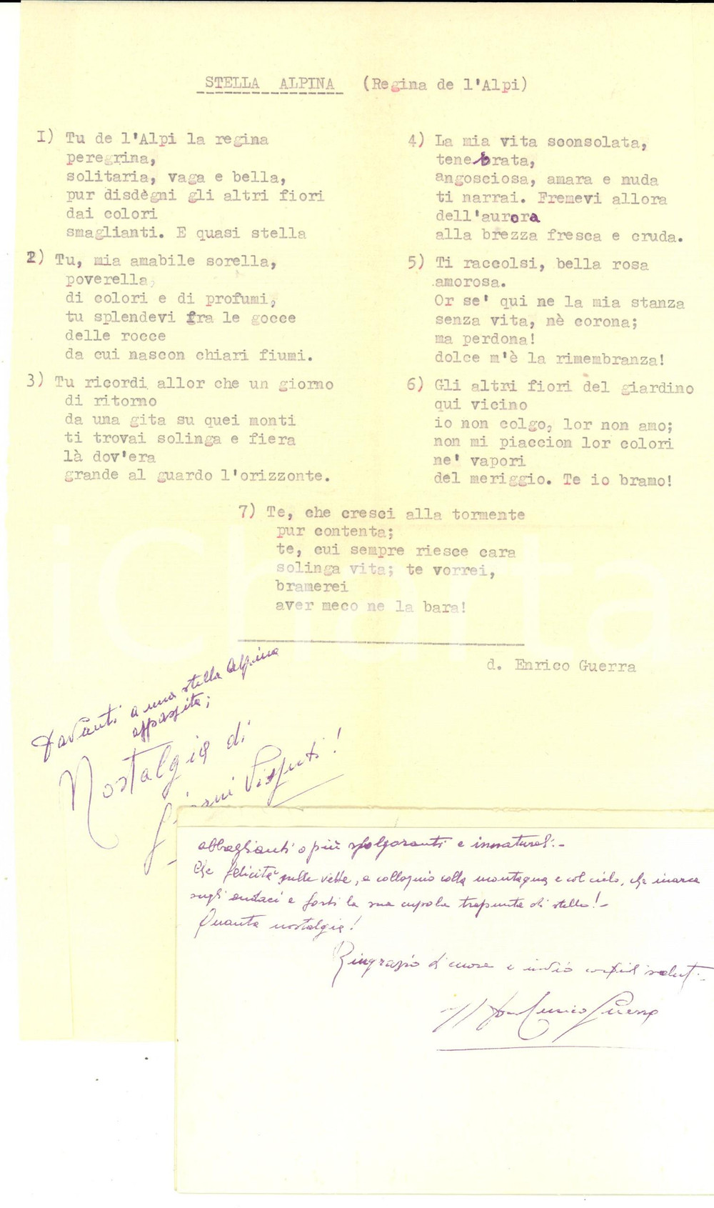 Manoscritto, lettera originale 1956 GAVARDO (BS) Don Enrico GUERRA Biglietto e poesia STELLA ALPINA *Autografo 1