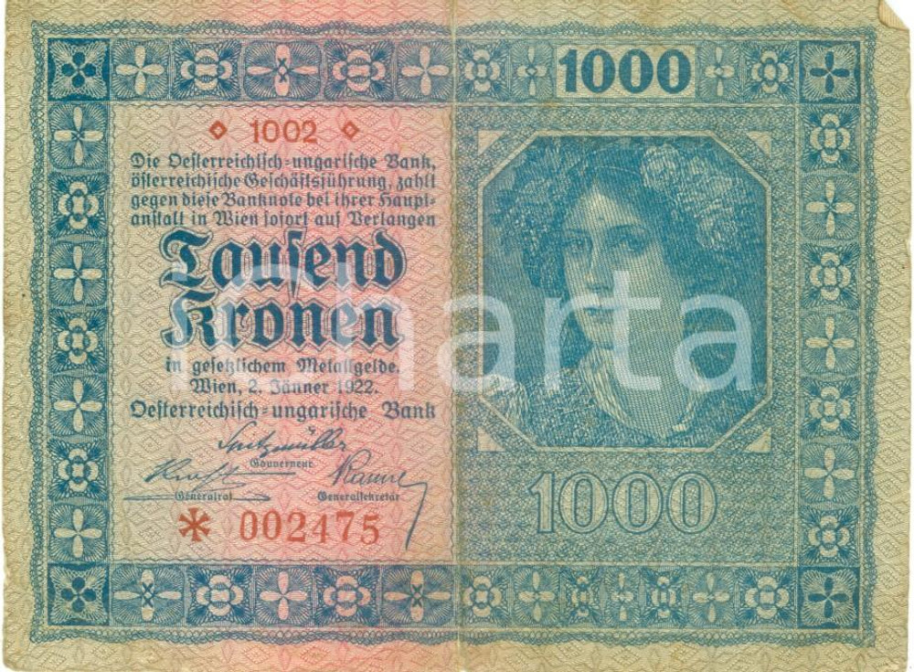 Documento originale, autentico 1922 AUSTRIA Banconota 1000 Corone TAUSEND KRONEN Sovrastampa deutschÃ¶sterreich 1