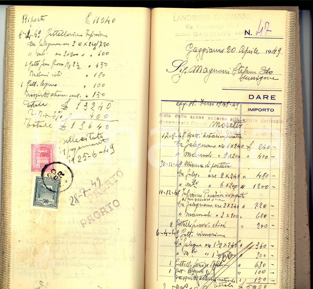 Documento originale, autentico 1948-50 GAGGIANO Ditta Giovanni LANDRIANI Spese per lavori alle rogge *Registro 1