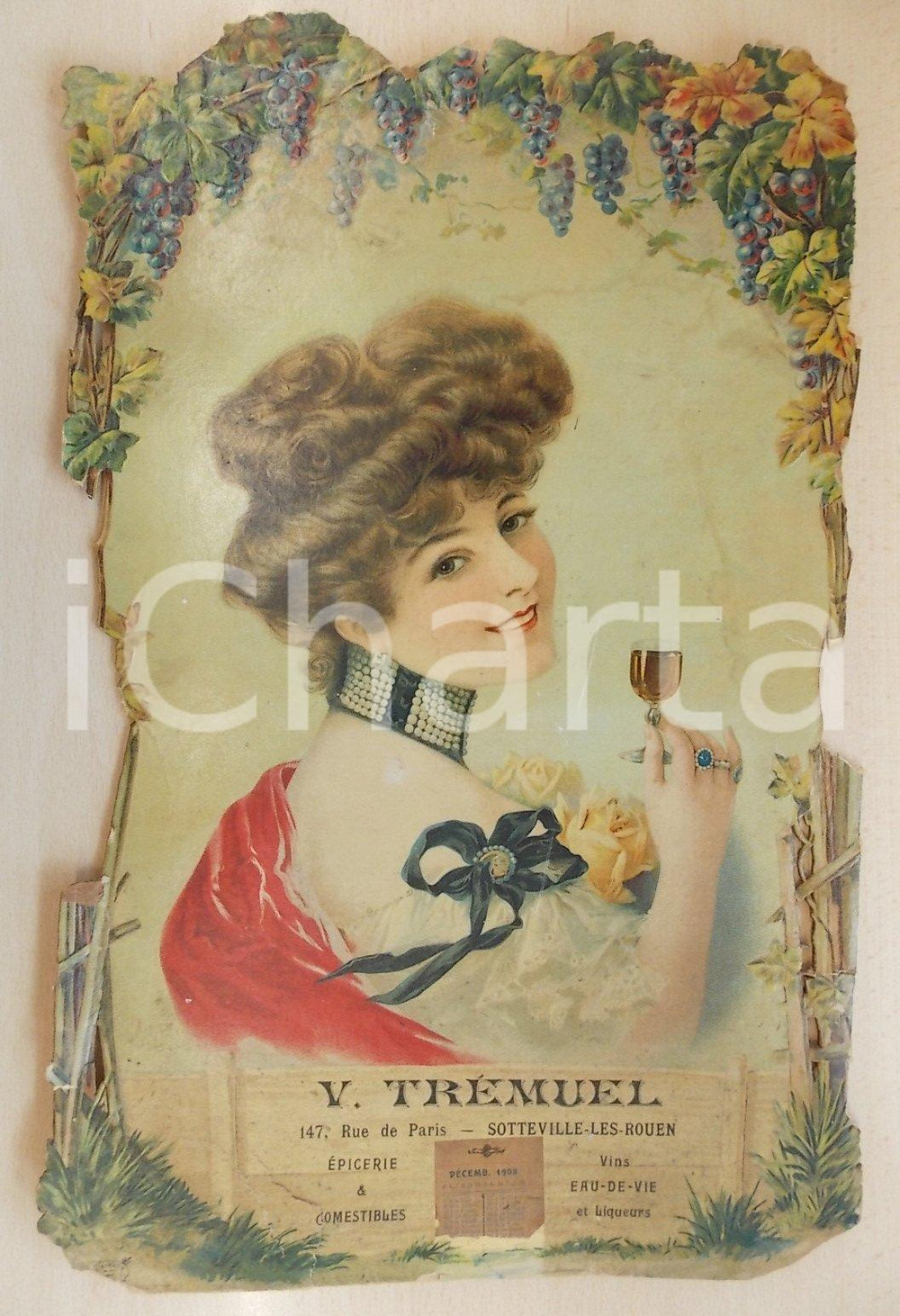 Oggetto da collezione cartaceo 1908 SOTTEVILLE-LES-ROUEN Vins et liqueurs V. TREMUEL *Pannello con calendario 1