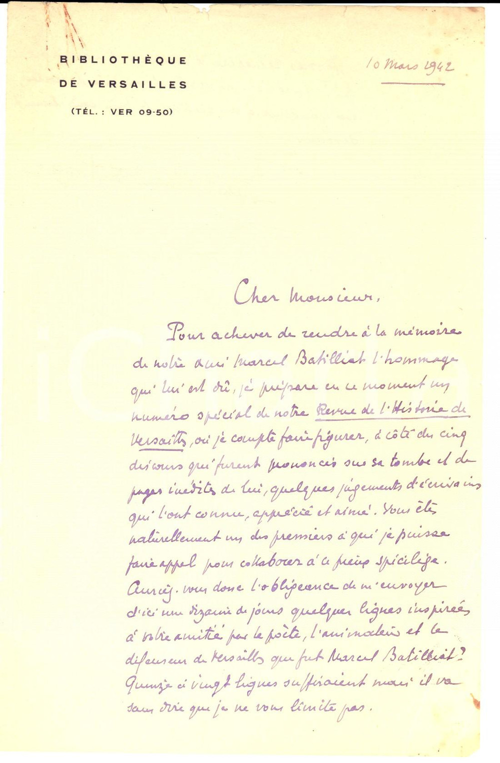 Autografo originale 1942 VERSAILLES Bibliothèque Revue pour Marcel Batilliat  René Pichard du Page 1