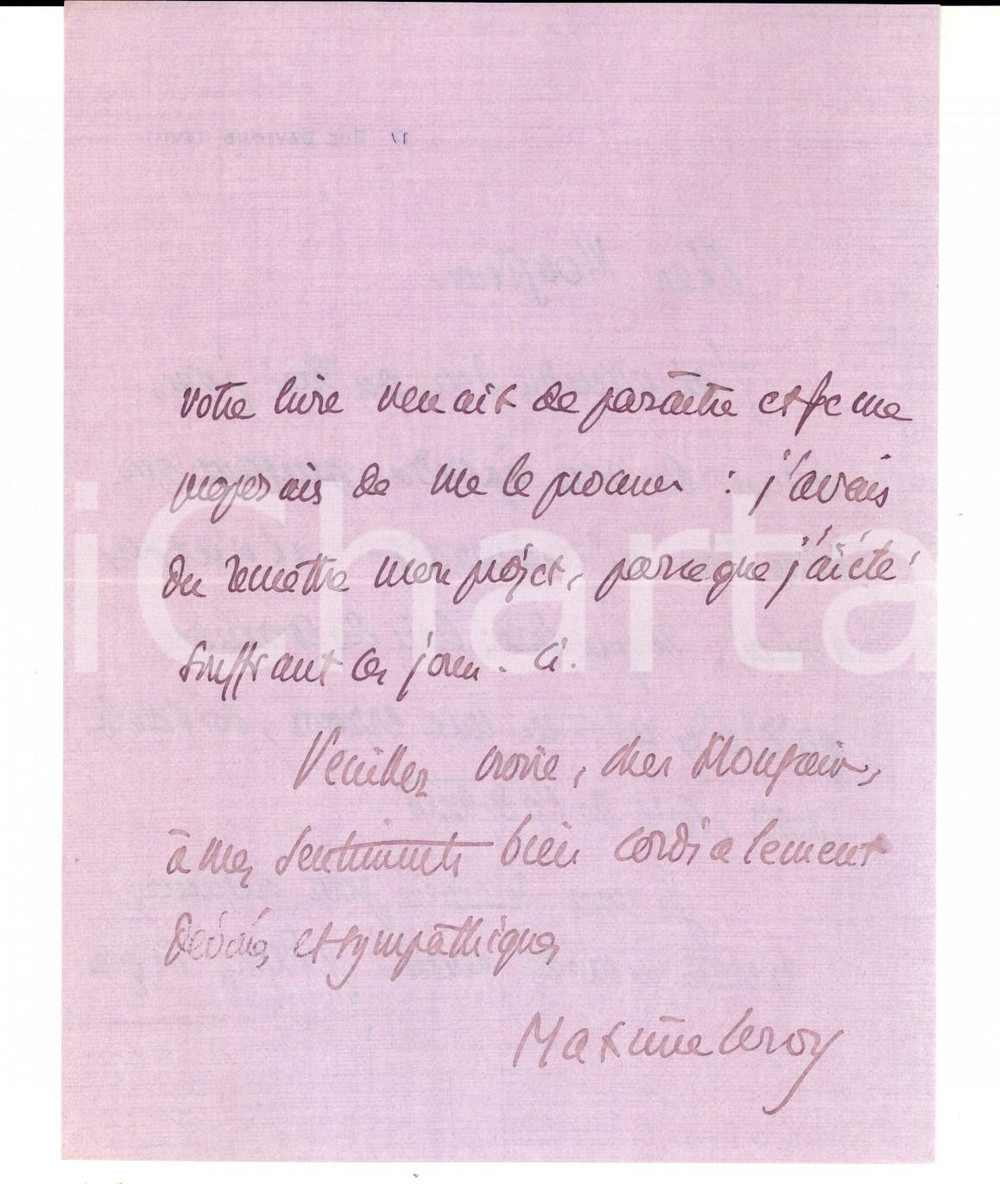 Autografo originale 1915 ca PARIS Maxime LEROY resta in attesa di ricevere un libro *Autografo 1