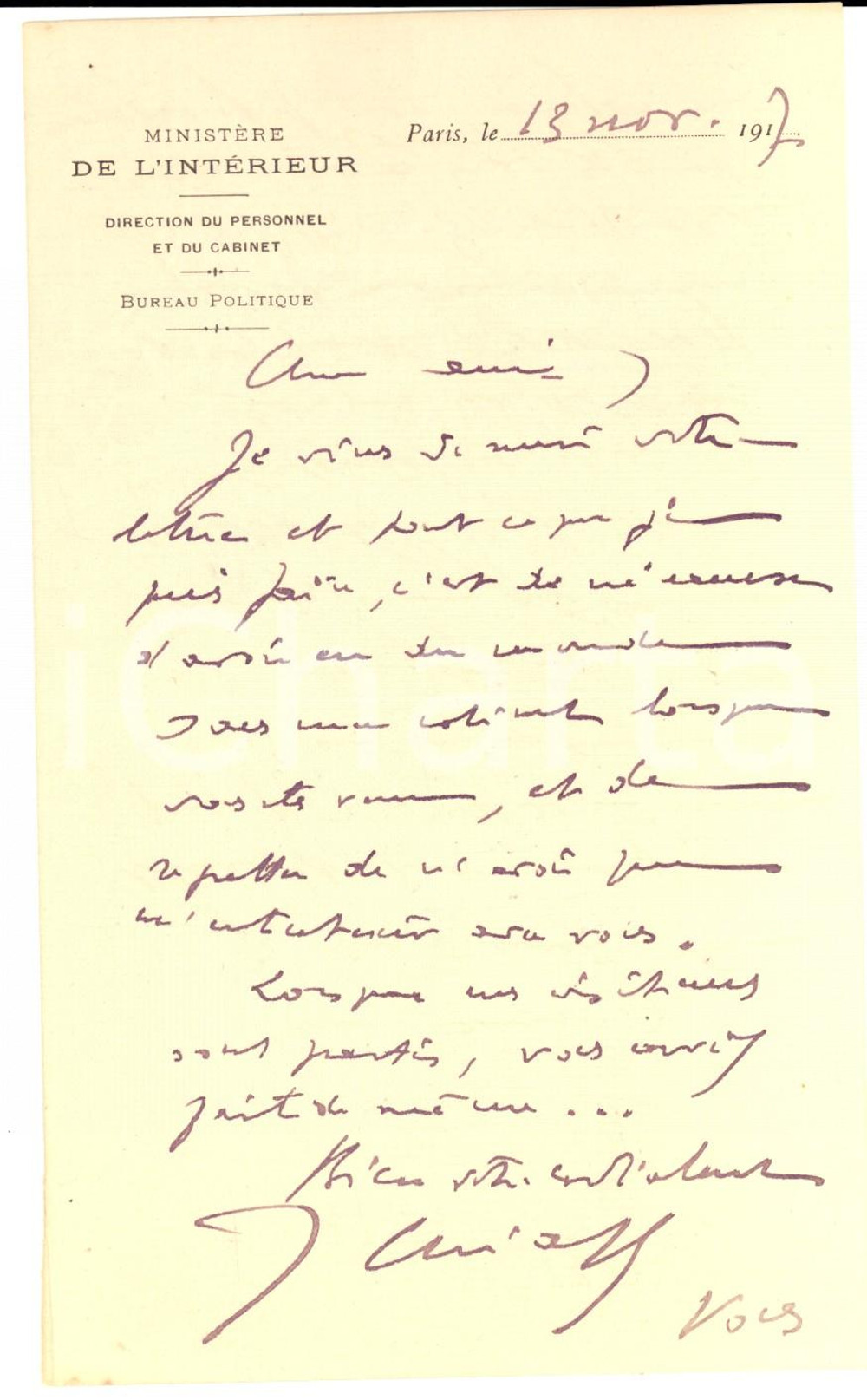 Autografo originale 1917 PARIS Jean CHIAPPE promet de s'intÃ©resser Ã  une pratique *Autographe 1