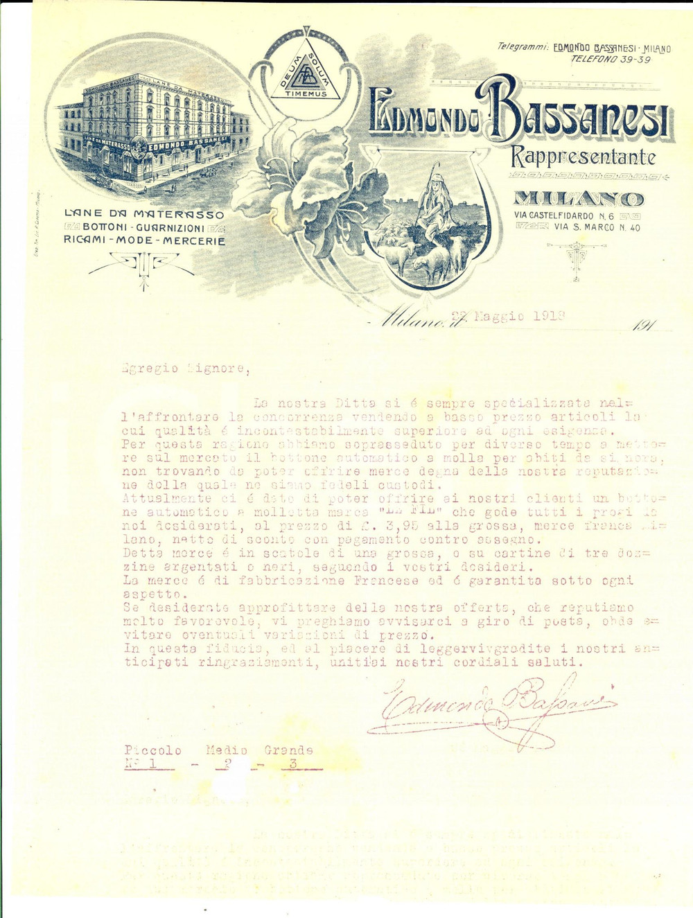 Manoscritto, lettera originale 1913 MILANO Edmondo BASSANESI vende bottone automatico a molla *Lettera 1