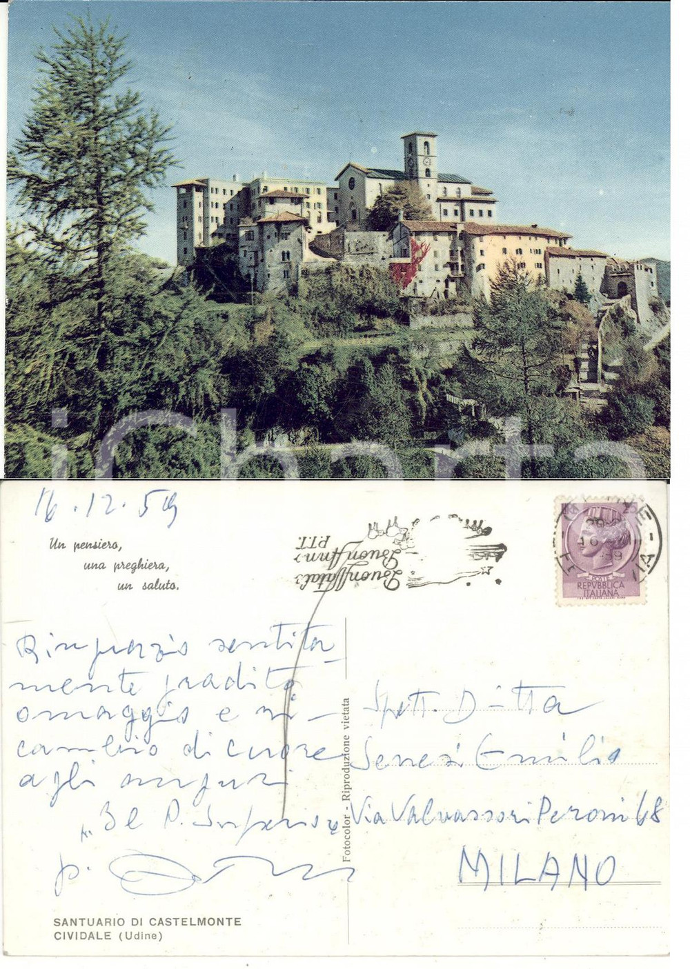 Autografo originale 1959 PREPOTTO (UD) Santuario di CASTELMONTE *Autografo padre superiore FG VG 1