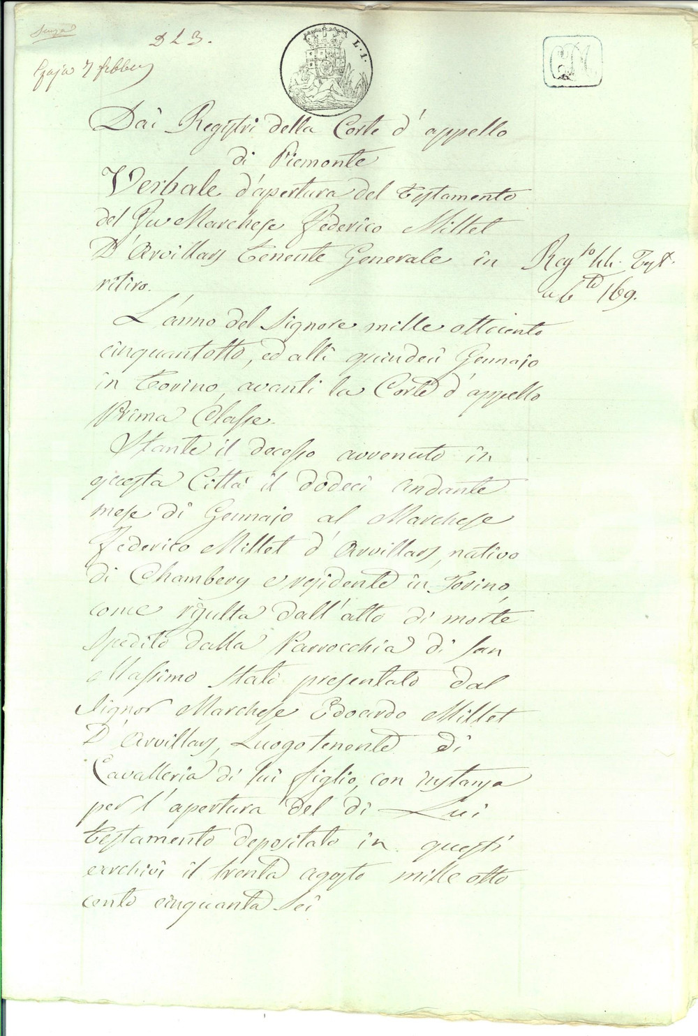 Documento originale, autentico 1898 TORINO Testamento marchese Federico MILLET D'ARVILLARS *Manoscritto 1