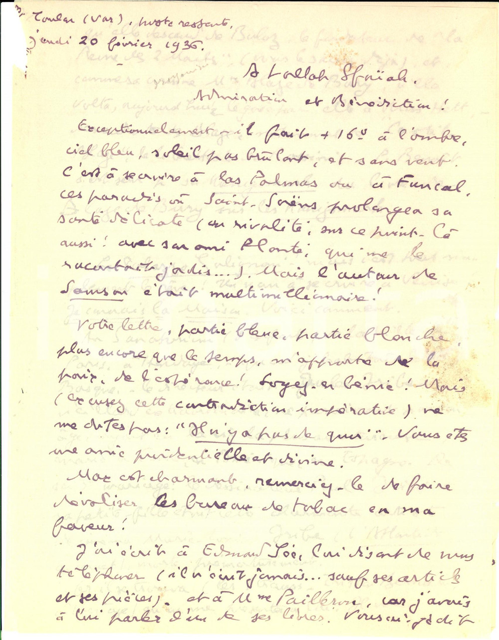 Autografo originale 1936 TOULON Palazzo GALIGNANI a VENEZIA Ã¨ il sogno *Autografo AndrÃ© GEIGER 1