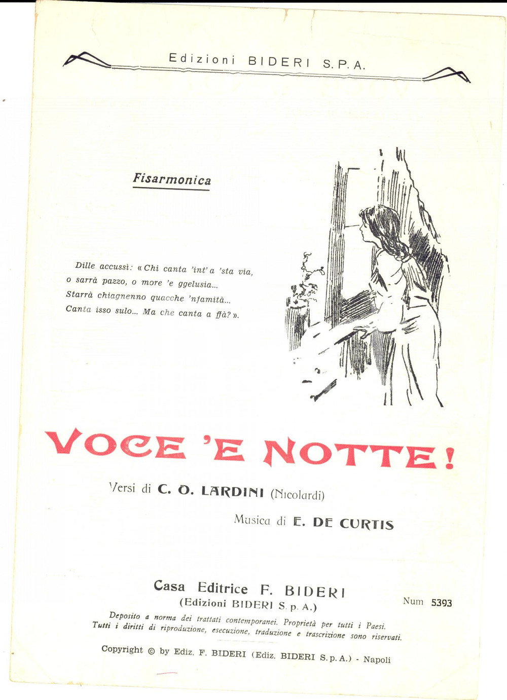 Oggetto da collezione cartaceo 1930 ca LARDINI - DE CURTIS Voce 'e notte *Spartito d'epoca F. BIDERI NAPOLI 1